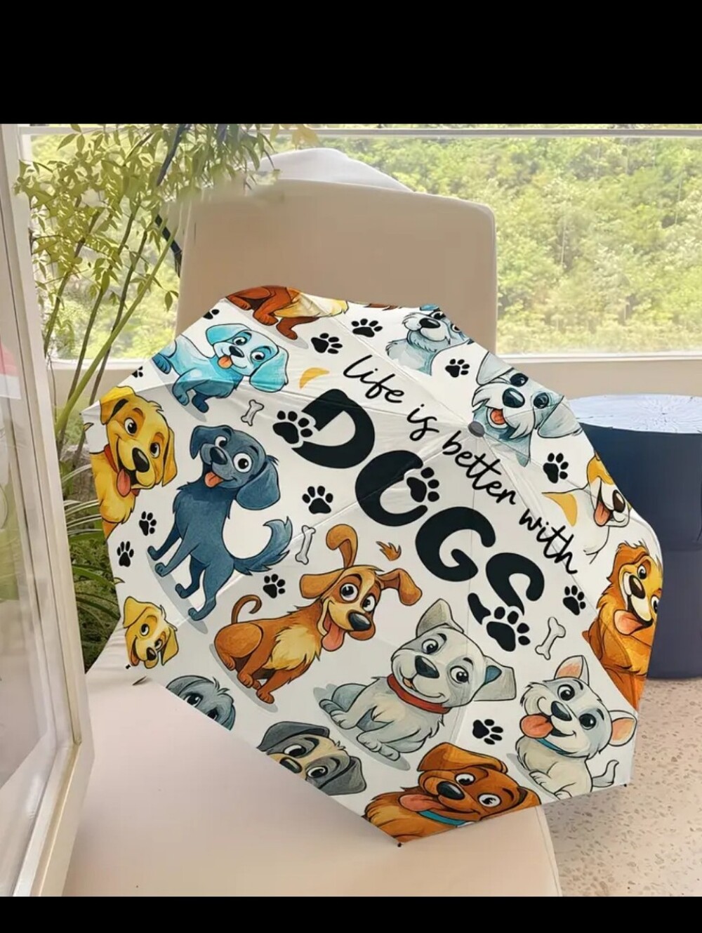 🆕️☔️🐶 "Life Is Better With Dogs" White Dog Print Compact Umbrella 🐶☔️